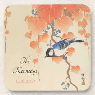 Vintage japanischer Wasserfarben-Vogel-Druck Getränkeuntersetzer