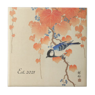 Vintage japanischer Wasserfarbendruck mit Vogel Fliese