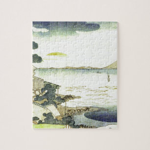Vintage japanisches Dorf am Meer Holzschnitt Kunst Puzzle