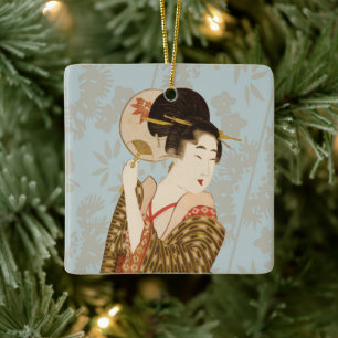 Vintage japanisches Geisha-Mädchen im Kimono mit F Keramikornament