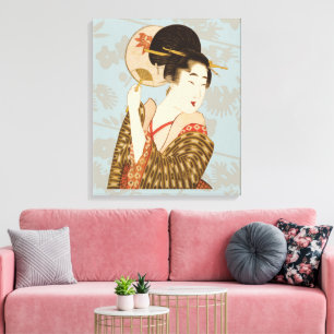 Vintage-Japanisches Geisha-Mädchen im Kimono mit F Leinwanddruck