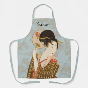 Vintage japanisches Geisha-Mädchen im Kimono mit F Schürze