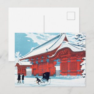 Vintage japanisches rotes Tor in winterlichem Schn Postkarte