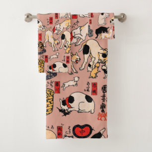 Vintage japanisches Ukiyo-e-Katzenmuster: Kuniyosh Badhandtuch Set