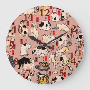 Vintage japanisches Ukiyo-e-Katzenmuster: Kuniyosh Große Wanduhr