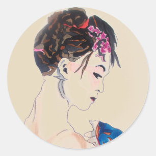 Vintage-Japansch Geisha mit blauem Kimono Runder Aufkleber