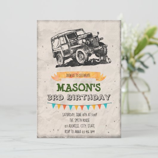 Vintage Jeep-Party Einladung (Stehend Vorderseite)