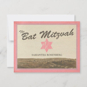 Vintage-Jerusalem-Bat-Mizwa-Dankeskarten in Rosa RSVP Karte