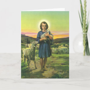 Vintage Jesus Christus der Hirte mit Baby-Lamm Feiertagskarte