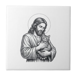 Vintage Jesus hält Katzen Gravur Grafik_1 Fliese