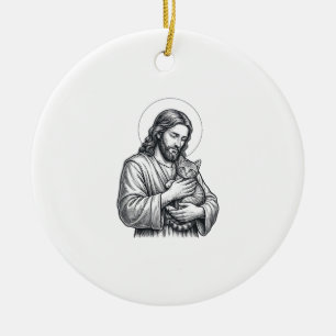 Vintage Jesus hält Katzen Gravur Grafik_1 Keramik Ornament