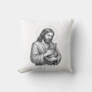 Vintage Jesus hält Katzen Gravur Grafik_1 Kissen