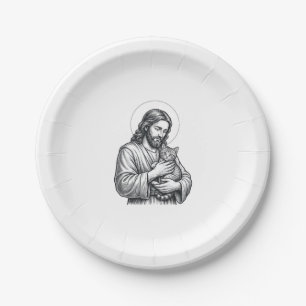 Vintage Jesus hält Katzen Gravur Grafik_1 Pappteller