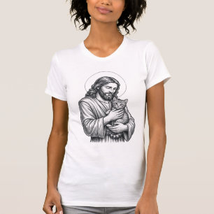 Vintage Jesus hält Katzen Gravur Grafik_1 T-Shirt