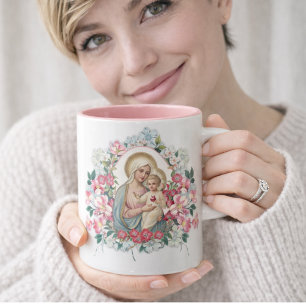 Vintage Jesus Jungfrau Maria Blumen Memorare-Gebet Zweifarbige Tasse