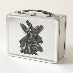 Vintage-Jesus-Tragekreuz-christliche-Vektor-Art Metall Brotdose