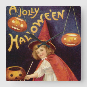 Vintage Jolly Halloween Hexe von Ellen Clapsaddle Quadratische Wanduhr