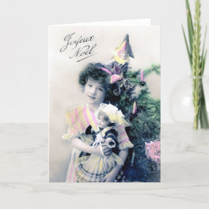 Vintage Joyeux Noël mit Mädchen und Puppe Feiertagskarte