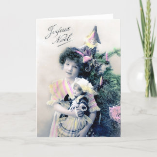 Vintage Joyeux Noël mit Mädchen und Puppe Feiertagskarte