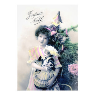 Vintage Joyeux Noël mit Mädchen und Puppe Fotodruck
