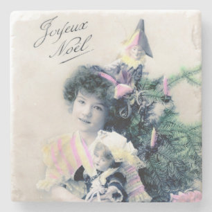 Vintage Joyeux Noël mit Mädchen und Puppe Steinuntersetzer