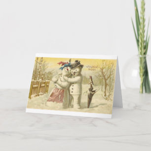 Vintage Joyeux Noel Schneemann & Frau Karte