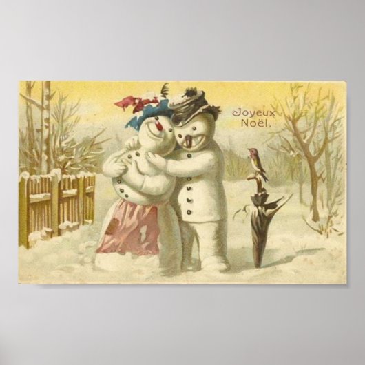 Vintage Joyeux Weihnachten Snowman & Woman Card Poster (Vorne)