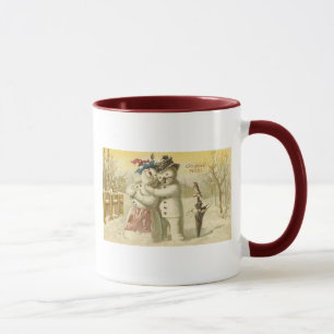 Vintage Joyeux Weihnachten Snowman & Woman Card Tasse