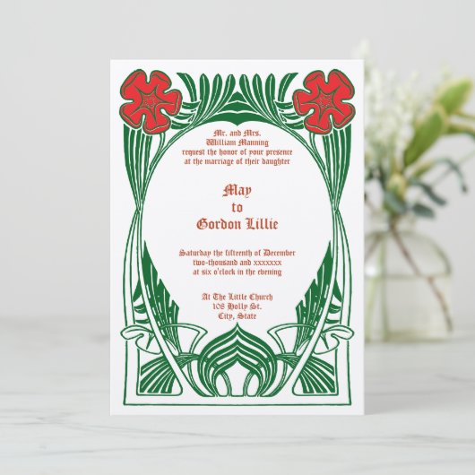 Vintage Jugendstil-Blume-Foliage Einladung (Stehend Vorderseite)