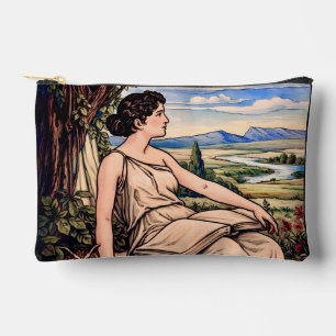 Vintage-Jugendstil-Frau beim Lesen unter einem Bau Zubehörtasche