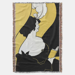 Vintage Jugendstil-Frau, die ein gelbes Buch liest Decke