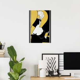 Vintage Jugendstil-Frau, die ein gelbes Buch liest Poster