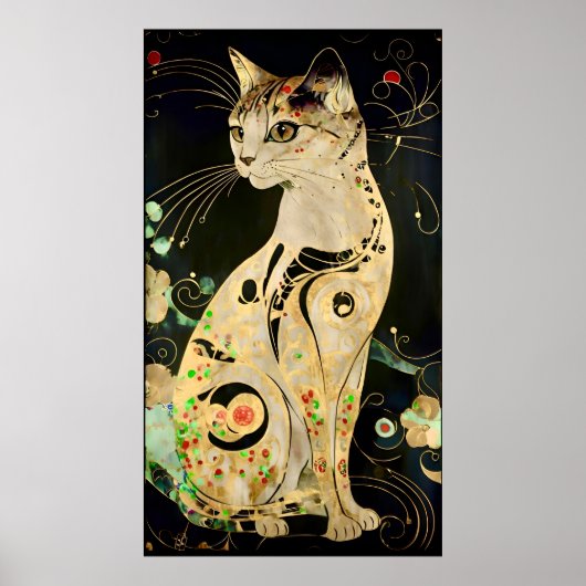 Vintage Jugendstil-Goldene Katze auf Schwarz Poster (Vorne)
