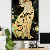 Vintage Jugendstil-Goldene Katze auf Schwarz Poster (Heimbüro)