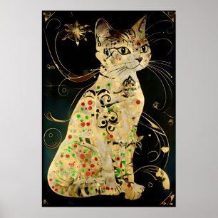 Vintage Jugendstil-Goldene Katze auf Schwarz Poster