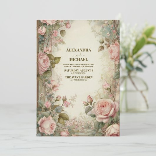 Vintage Jugendstil-Hochzeit in Rosa Einladung (Stehend Vorderseite)