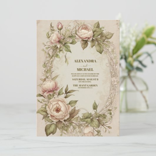 Vintage Jugendstil-Hochzeit mit Olivenöl Einladung (Stehend Vorderseite)