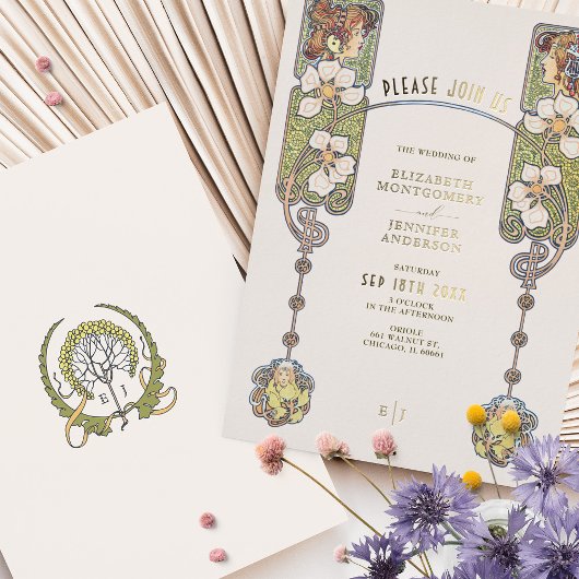 Vintage Jugendstil-Hochzeitsfeier Akzent Folieneinladung