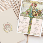 Vintage Jugendstil-Hochzeitskarte & Getränkekarte Einladung<br><div class="desc">Mit dieser exquisiten Vintagen Art Nouveau Wedding Menu und Drinks Card stärken Sie Ihren Hochzeitsempfang. Die Vorderseite zeigt eine atemberaubende Abbildung einer besinnlichen Frau, die mit Blume geschmückt ist, umgeben von faszinierenden Blumenmotiven in sanften Pastellfarben Grün, Blau und Rosa. Der Rücken zeigt ein elegantes Blumenemblem, das perfekt dazu geeignet ist,...</div>