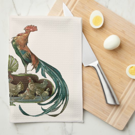 Vintage Jugendstil-Hühner und -röster Geschirrtuch (Viertel Falte)