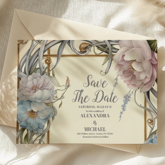 Vintage Jugendstil-Lila Hochzeit Save The Date