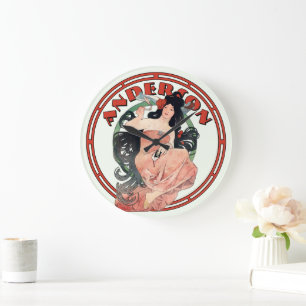Vintage Jugendstilwerbung von Mucha Große Wanduhr