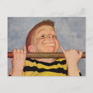 Vintage Junge macht Klimmzüge, Fitness und Bewegun Postkarte