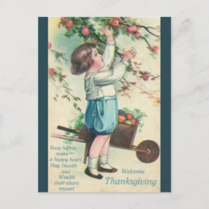 Vintage Junge pflückt Äpfel Thanksgiving Postkarte