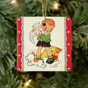 Vintage-Junge rettet ein Kätzchen vor herumrennend Keramikornament
