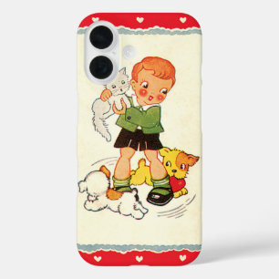Vintage-Junge rettet ein Kätzchen vor rennenden We iPhone 16 Hülle
