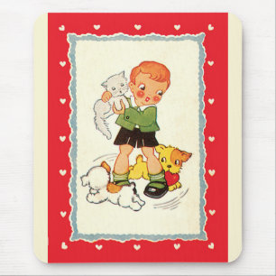 Vintage-Junge rettet ein Kätzchen vor Rennwelpen Mousepad