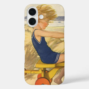 Vintage-Junge spielt am Strand mit Sandspielzeug iPhone 16 Hülle