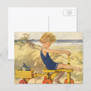 Vintage Junge spielt am Strand mit Sandspielzeug Postkarte