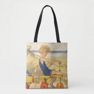 Vintage-Junge spielt am Strand mit Sandspielzeug Tasche
